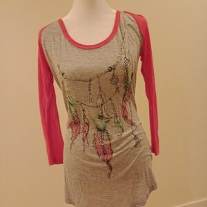 Miss Me Gray and Pink Feather Long Sleeve Top